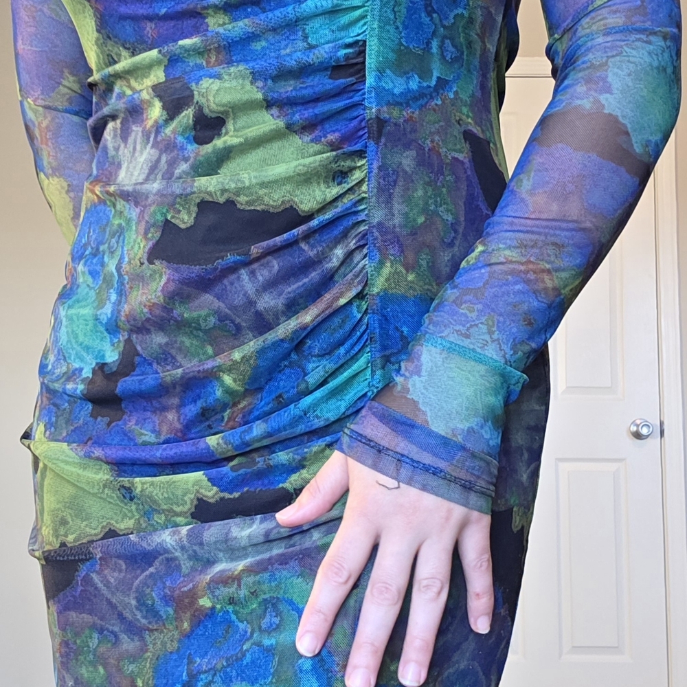 Topshop Ruched Mesh One Shoulder Dress Blue Green US 8 10